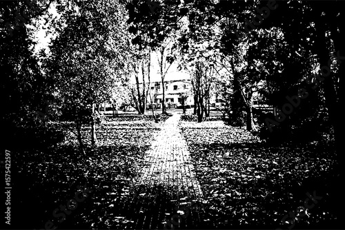 Monochrome Garden Path with Trees and Distant Building