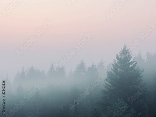 Forest shrouded in morning mist and soft light.