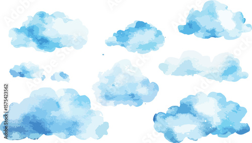 Watercolor Blue Cloud Set on White Background for Design Elements