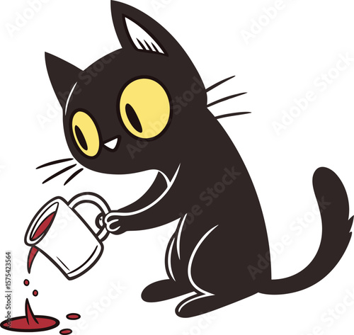 Vector art of a cute black cat spilling coffee from a mug, creating a funny and whimsical scene