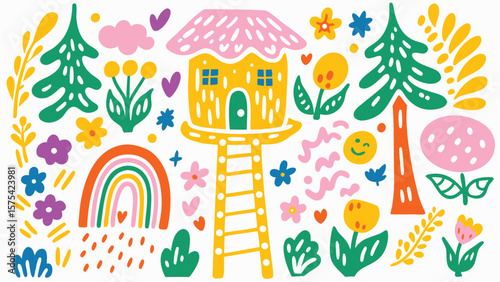 Illustration of a whimsical treehouse with ladder surrounded by flowers trees and rainbow elements design