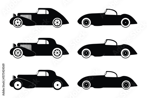 Vintage Automobiles: A striking collection of classic cars, illustrated in a clean silhouette style, showcasing the elegance and timeless design of automotive history. 