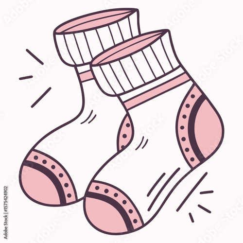 Vector art of a pair of cute pink and white socks are displayed on a white background