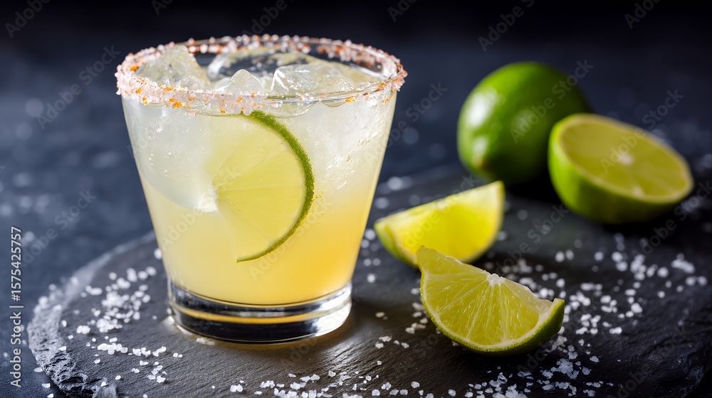 Fototapeta premium Closeup of Refreshing Margarita Cocktail with Lime Wedges and Salt Rim on Dark Background