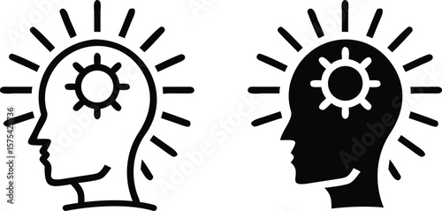 Human Head with Sun Brain Icon – Black and White Positive Mindset Vector Illustration