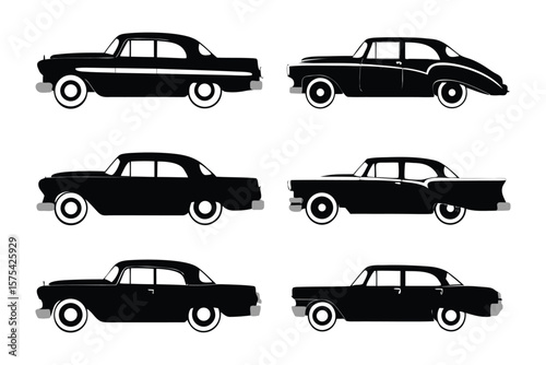Vintage Car Collection Silhouette: A striking collection of classic cars, rendered in sleek black and white silhouettes, offers a nostalgic glimpse into automotive history.