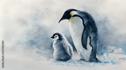 Vector illustration, stunning watercolor image of a penguins in the Arctic, watercolor paints