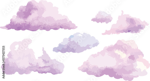 Watercolor Purple Clouds Illustration on White Background Dreamy and Ethereal Aesthetic