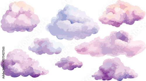 Watercolor Clouds in Pastel Shades on White Background for Creative Designs