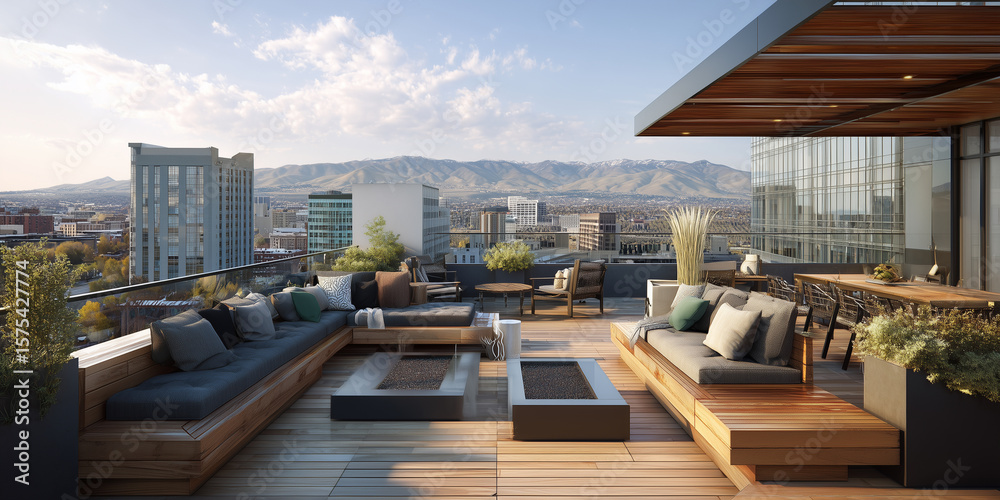 Fototapeta premium Eine Dachterrasse bietet einen Panoramablick auf die umliegende Stadtlandschaft