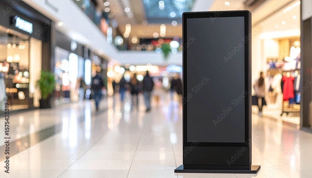Obraz premium Large black blank vertical billboard stands in shopping mall. Advertising mockup with empty digital screen for marketing in public space on blurred background. Modern business promotion