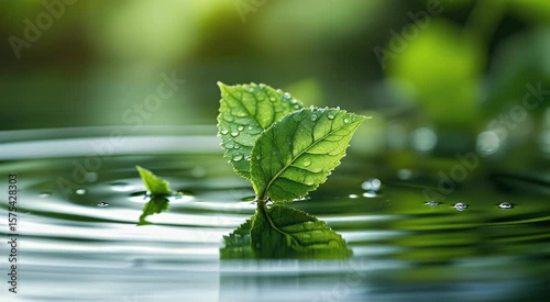 Green leaves on water ripples