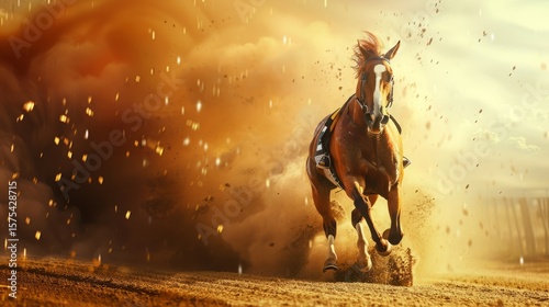 Powerful thoroughbred racehorse running at full speed on racetrack with dynamic motion and energy. Equestrian sports, horse racing competition and animal athleticism concept.