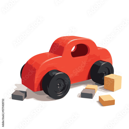 Classic red wooden toy car on white background, playful nostalgia