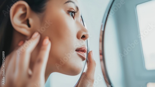 Young man looking at his reflection in mirror with thoughtful expression, self reflection and personal growth concept, narcissism or self love idea, psychological and emotional development