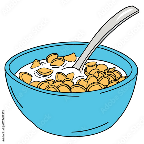 Vector art of a blue bowl of cereal with milk and a spoon isolated on white background