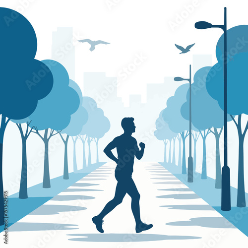 Stylized man jogging on urban boulevard under clear skies, fitness motivation