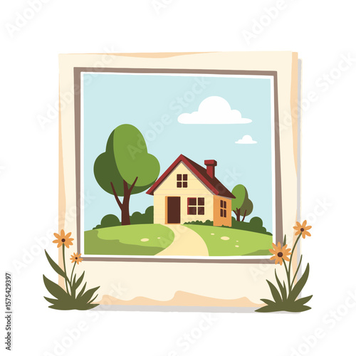 Idyllic countryside scene with vintage house in frame, nostalgia