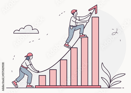 Two people climbing a bar graph with an upward trending arrow isolated on white background