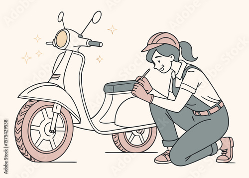 Woman mechanic repairing a vintage scooter with tools isolated on white background