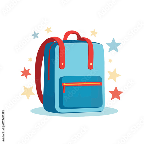 Bright blue schoolbag illustration with red accents, back-to-school readiness
