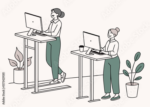 Two women working on computers at standing desks with plants isolated on white background