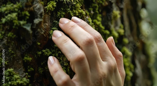Hand touches moss covered tree trunk