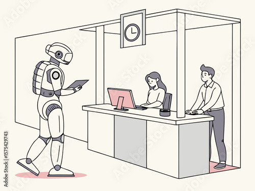 Robot interacting with humans at a service counter isolated on white background