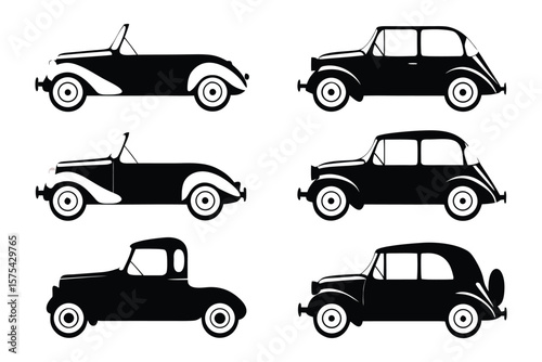 Classic Car Collection: Six vintage automobile silhouettes in a retro style, ready to bring nostalgia.
