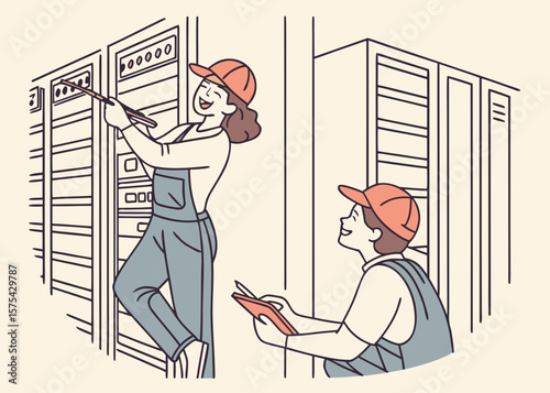 Two technicians working on electrical panels in a server room isolated on white background