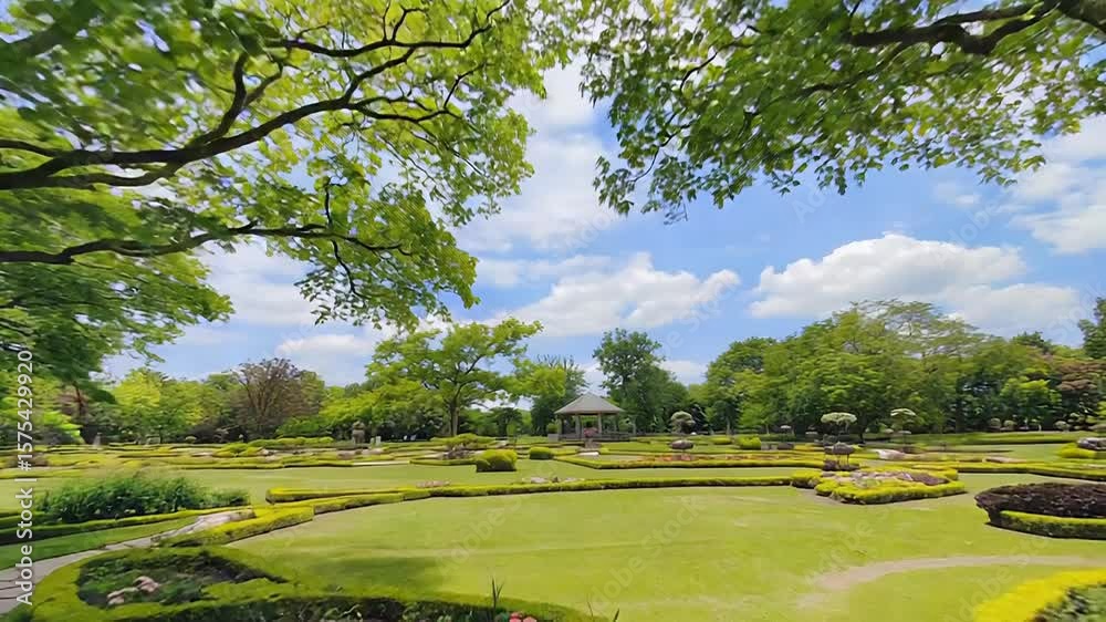 Lush green park with stone path and gazebo on sunny summer day
