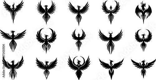 phoenix logo designs, black and white, minimalist, variety of poses, strong wings, stylized, elegant