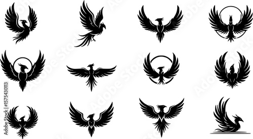 phoenix logo designs, black and white, minimalist, variety of poses, strong wings, stylized, elegant