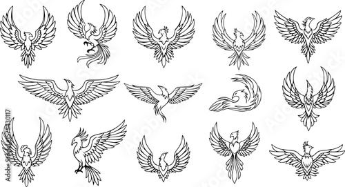 phoenix logo designs, black and white, minimalist, variety of poses, strong wings, stylized, elegant