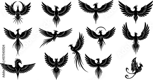 phoenix logo designs, black and white, minimalist, variety of poses, strong wings, stylized, elegant