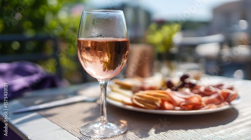 Pink Rose Wine with Charcuterie Board on Sunny Patio