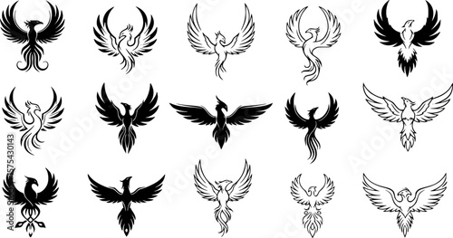 phoenix logo designs, black and white, minimalist, variety of poses, strong wings, stylized, elegant