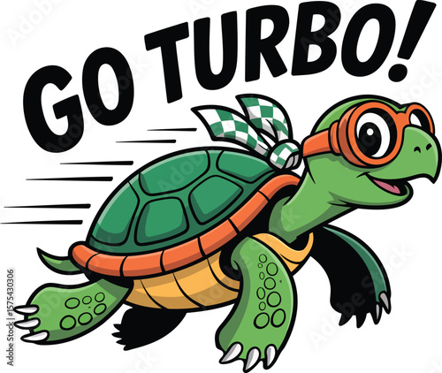 Cartoon turbo turtle with flight goggles and checkered scarf racing forward with Go Turbo text