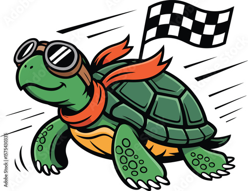 Cartoon racing turtle with goggles and red scarf speeding past finish line with checkered flag