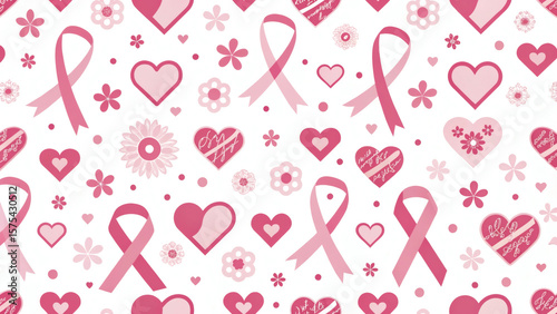 Seamless pattern featuring breast cancer awareness icons in various pink tones designed to raise support and awareness for women’s health and early detection