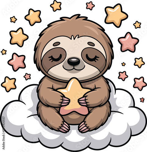  Charming Kawaii Style Sloth Illustration Cloud Star Cute Animal
