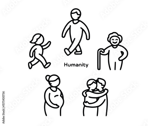 Minimalist illustration showcases family relationships, including parents with child, grandparent, pregnant woman, and couple, silhouette