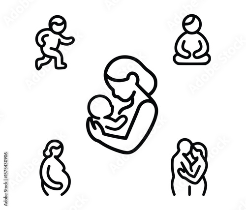Stages of life shows childhood, motherhood, pregnancy and family love represented in simple black line icons, silhouette