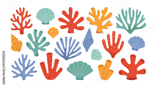 Aquatic life illustration showcases colorful coral reefs and various sea shells on an isolated white background, silhouette