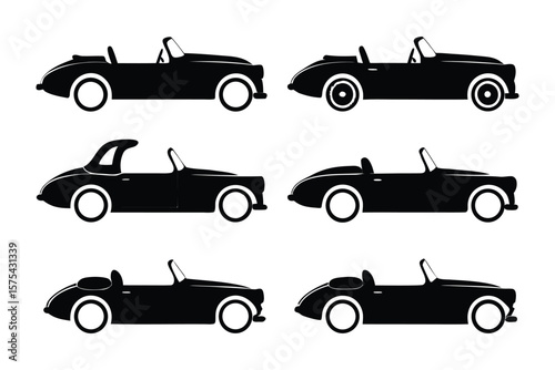Classic convertible Cars in silhouette: A sleek, silhouette of classic convertible cars, ideal for design and concept projects. These vintage automobiles stand for freedom and adventure.