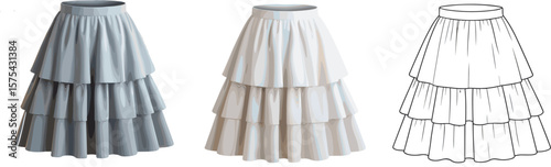 Layered ruffle skirt fashion flat, cad drawing vector illustration, technical design sketch, front view, editable template, apparel design, skirt pattern