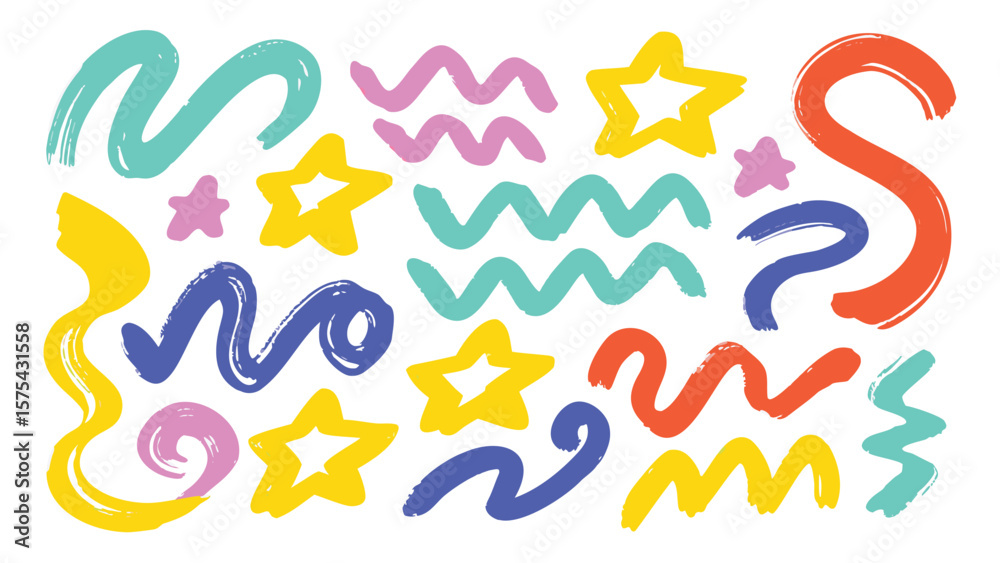Obraz premium Colorful abstract shapes and stars with brush stroke effect on a white background design element art