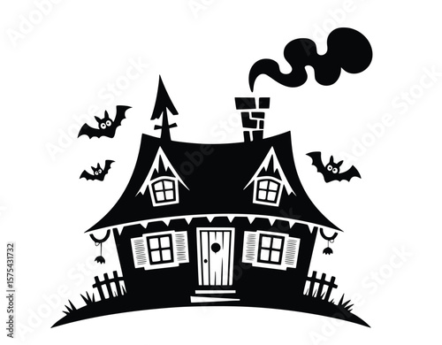 Whimsical haunted house silhouette illustration with bats flying, ideal for Halloween decorations and spooky seasonal themes.