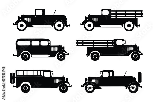 Vintage Trucks Silhouette: A set of sleek black silhouettes showcases various classic vintage trucks, embodying a timeless aesthetic and industrial heritage.
