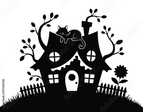 A whimsical silhouette of a house with a cat on the roof among trees and a flower, presenting a fairytale ambiance.